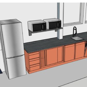 Cuisine du personnel - vue 3D Étude 3D d’une cuisine du personnel en inox et façades thermolaquées